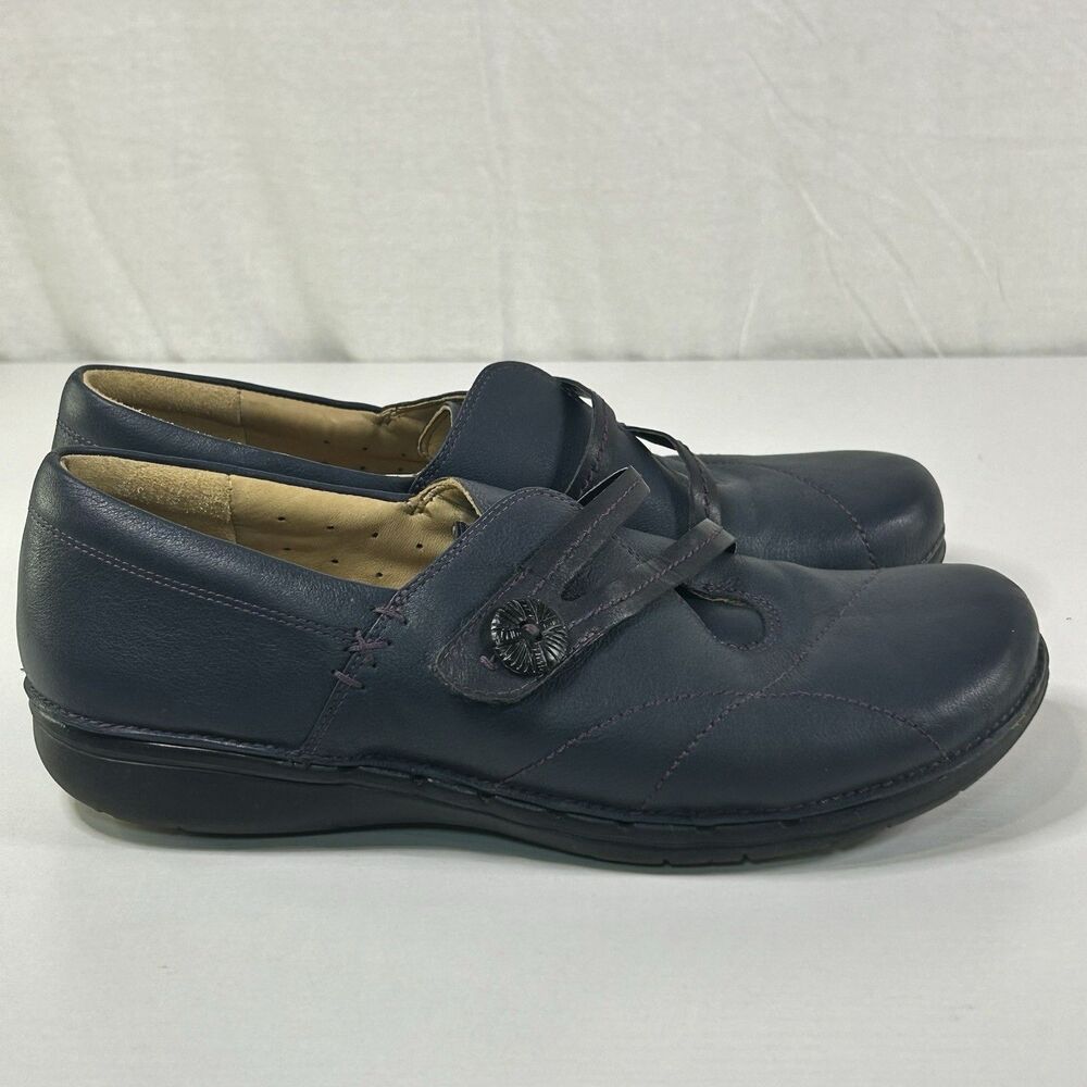 Clarks Unstructured Women's Size 9.5 Esma Blue Leather Slip On Shoes